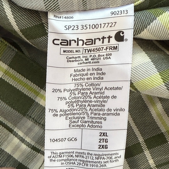 Carhartt Flame-Resistant Rugged Flex Loose Fit Long-Sleeve Plaid Shirt. Size 2X - Picture 11 of 13
